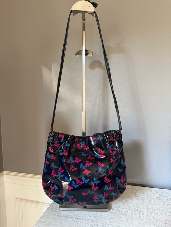 Bottega Veneta Handbags - Bottega Veneta Black Patent Shoulder Bag with Pink & Blue Butterfly Motif